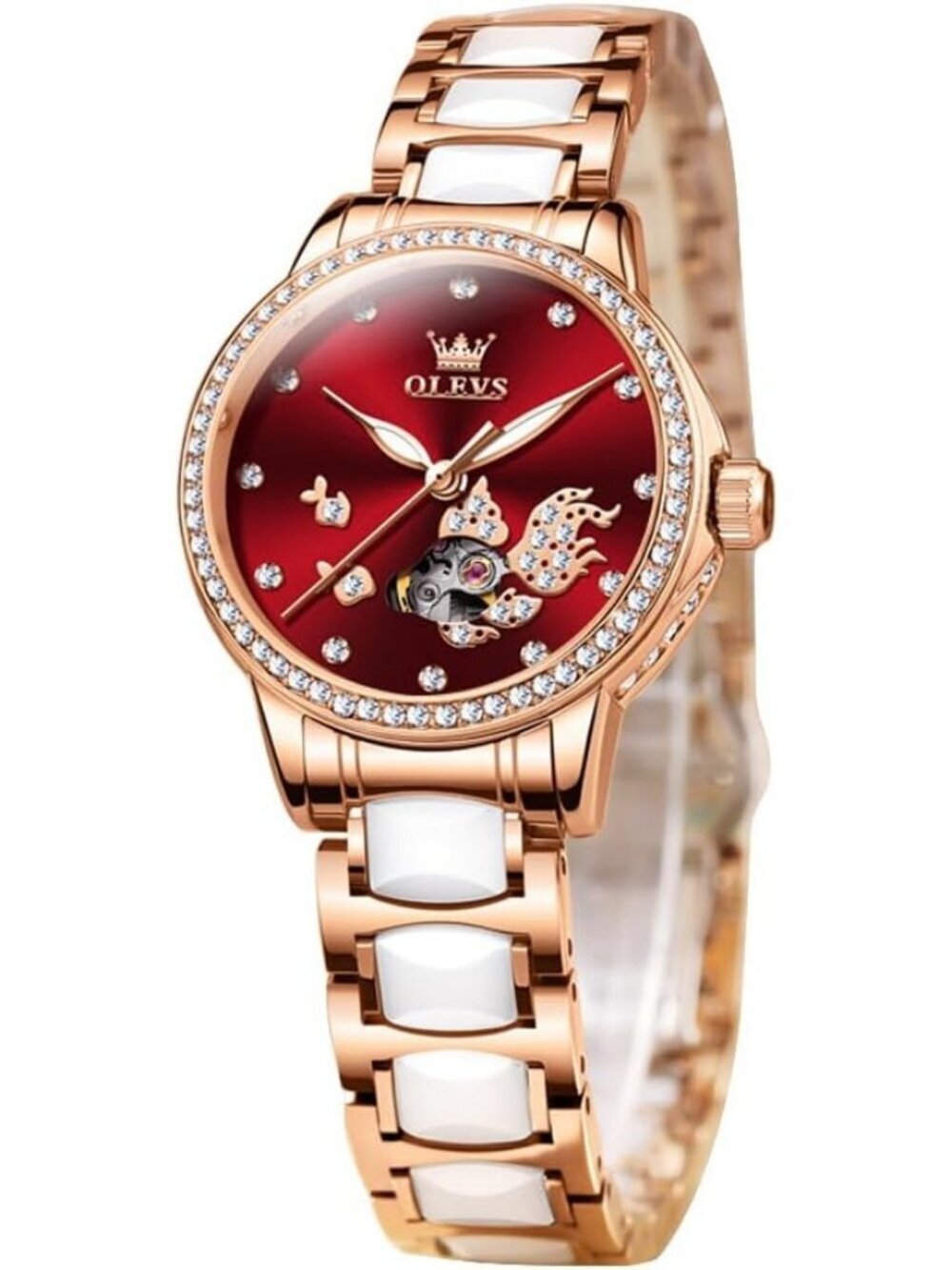 Olevs Women's Red Koi Fish Skeleton Diamond Rose Gold Automatic Luxury Watch - Picture 1 of 6